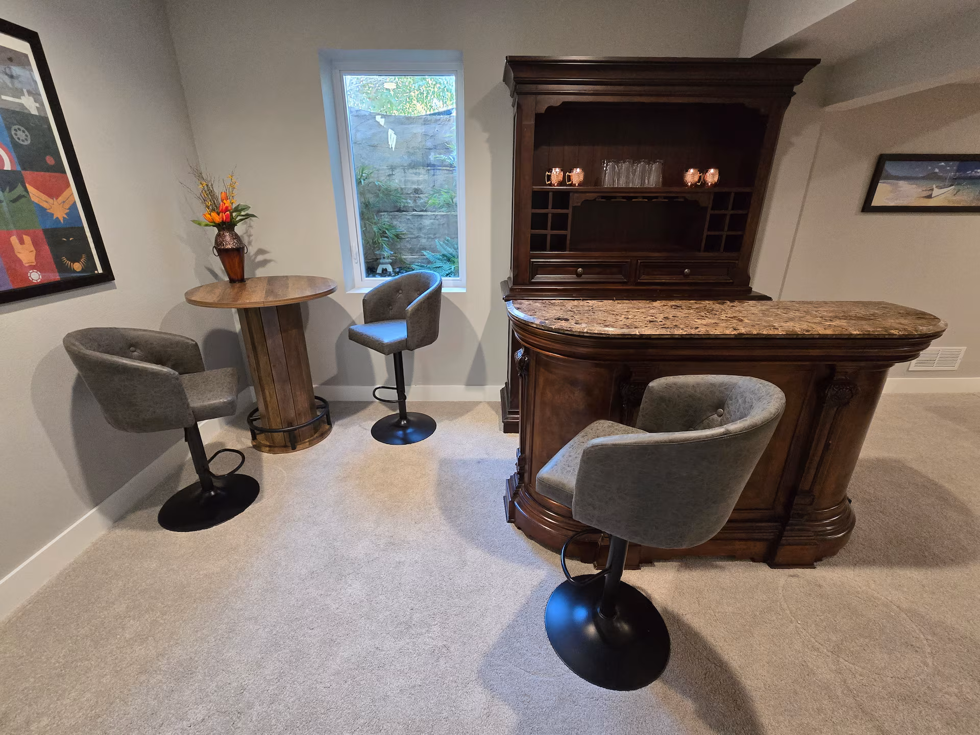 Bar area with seating and glassware