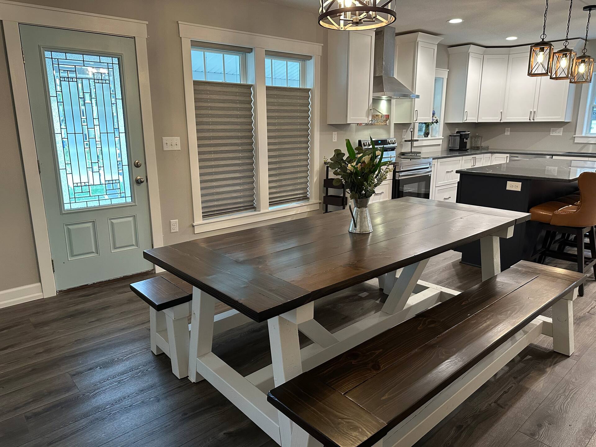 Farmhouse dining table with bench seating